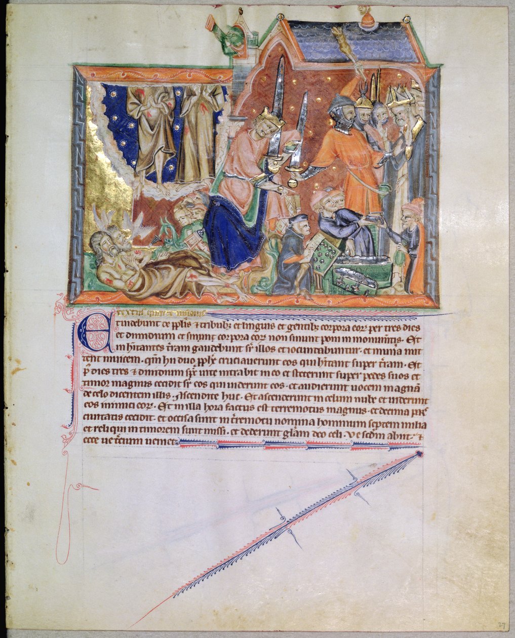 Ms LA 139-Lisboa fol.27証人は埋葬されずに残され、彼らの魂はグルベンキアンの黙示録から、天に昇る、c.1265-70 作： 英語学校