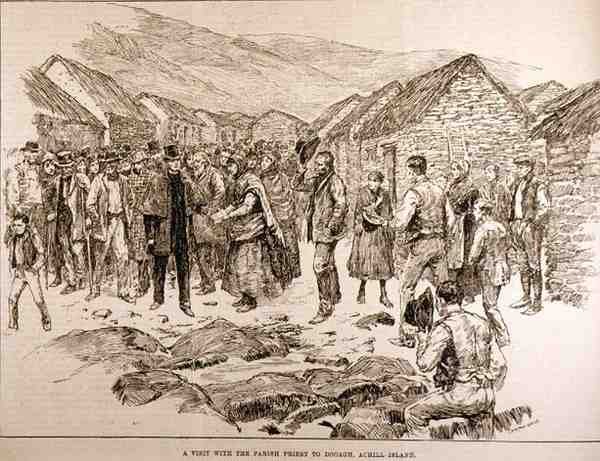 アイルランド西部の苦痛：教区司祭とのアキル島ドゥーへの訪問1886年10月4日、イラスト入りロンドンニュース 作： 英語学校