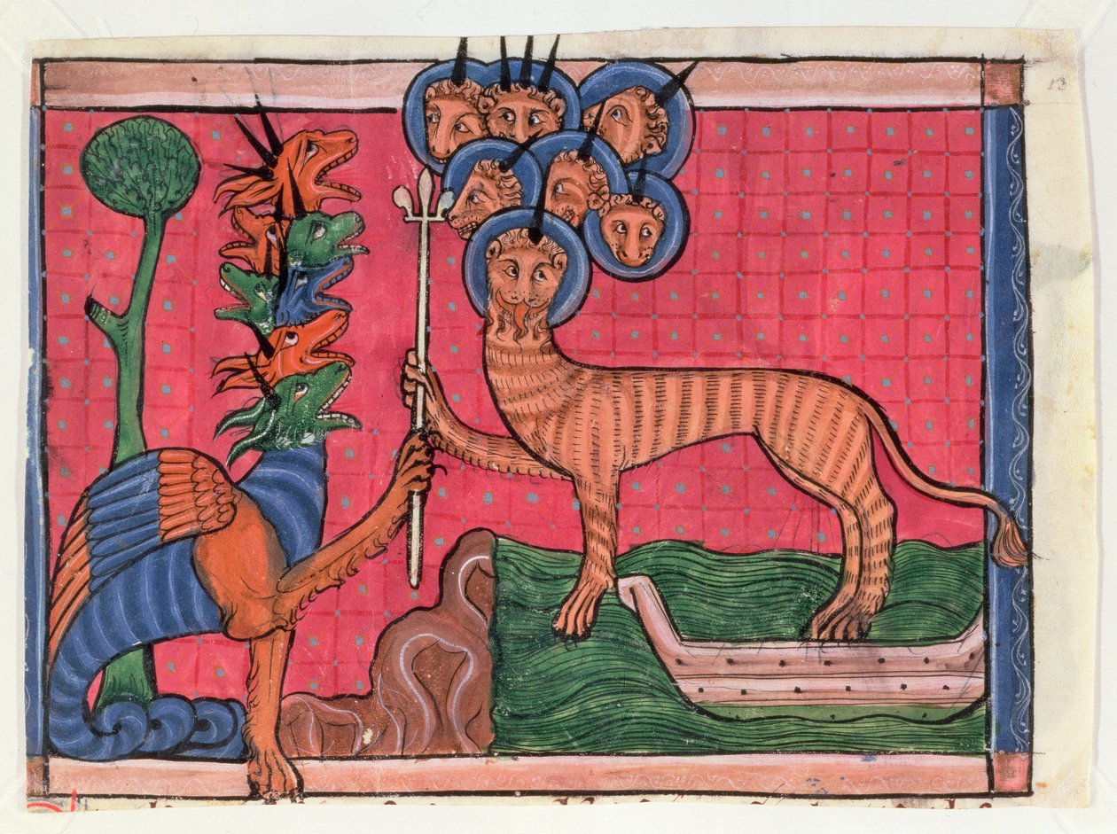 黙示録のミニチュア：ドラゴンの戦争と海の獣、1295年頃（ベラムのテンペラ） 作： フランス語学校
