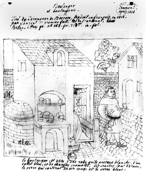 1414年に作成されたボッカチオ（1313-75）によるデカメロンのフランス語訳のオリジナルイルミネーションの後に描かれたパン屋とパン屋（紙にペンとインク） 作： フランス語学校