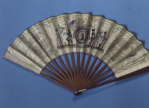 ギルバートモティエ（1757-1834）の肖像画が描かれたファン、ラファイエット侯爵（1757-1834）が赤、白、青のロゼットに額装、1789年 作： フランス語学校