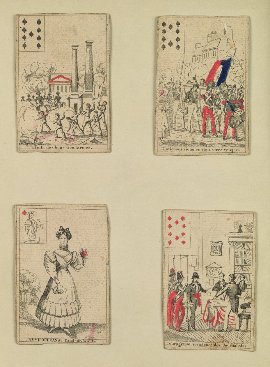 1830年7月、1831年7月の英雄を記念する4枚のトランプ 作： フランス語学校