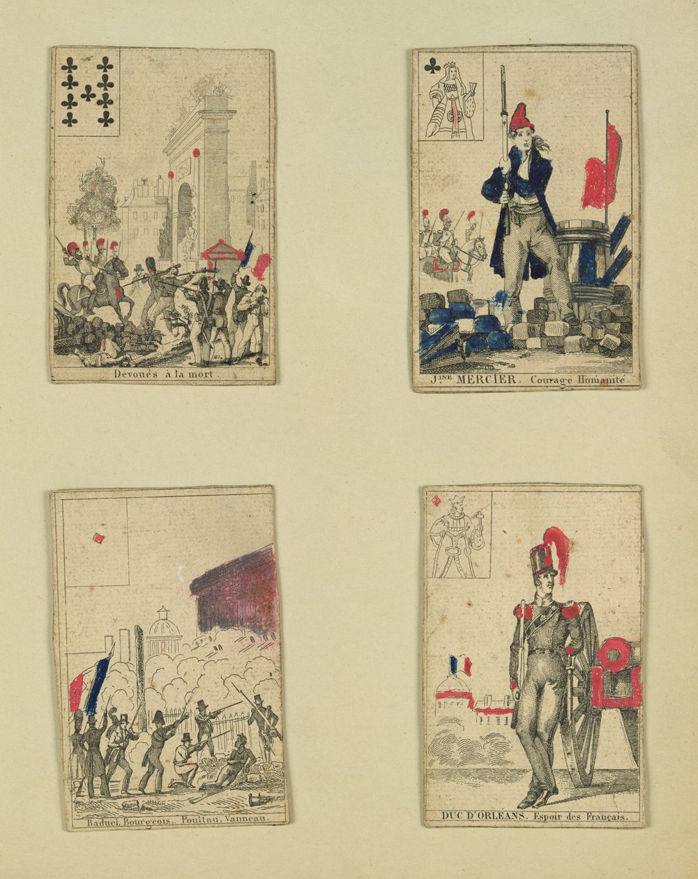 1830年7月、1831年7月の英雄を記念する4枚のトランプ 作： フランス語学校