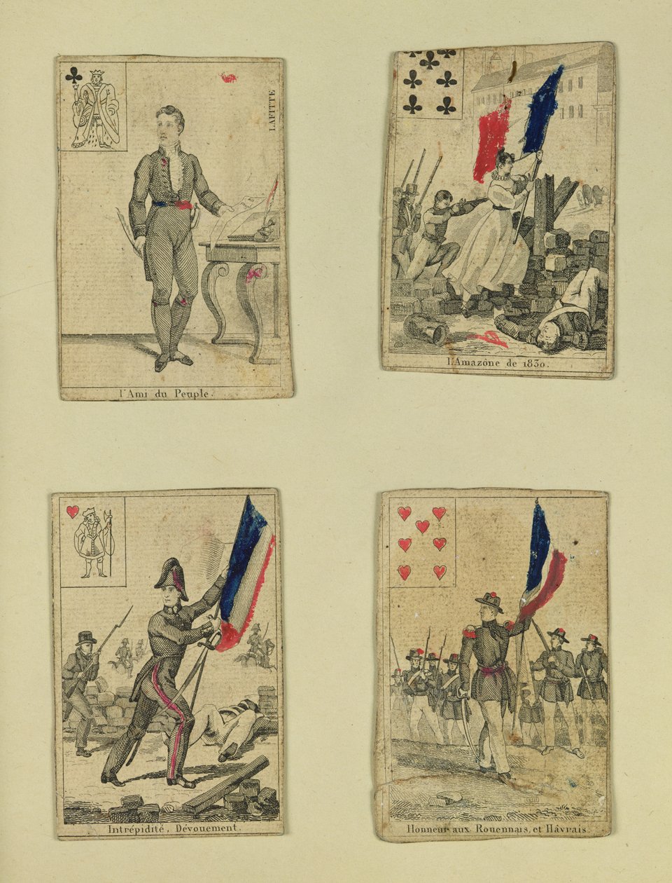1830年7月、1831年7月の英雄を記念する4枚のトランプ 作： フランス語学校