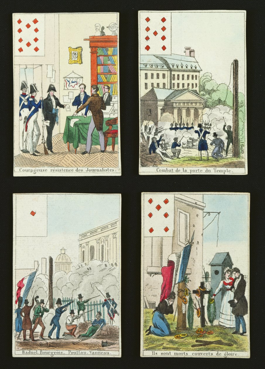 1830年7月、1831年7月の英雄を記念する4枚のトランプ 作： フランス語学校