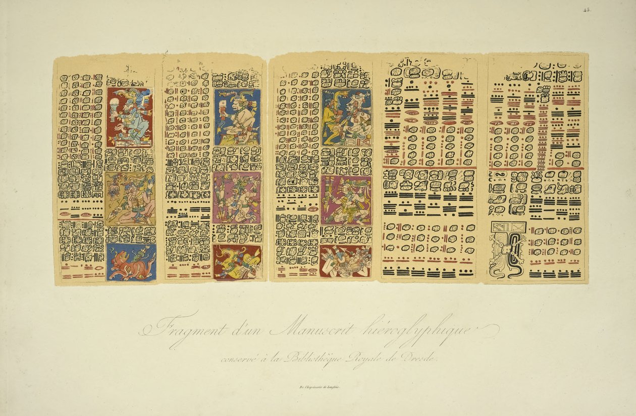 ドレスデン王立図書館で保存されている象形文字写本の断片、コルディジェラの景色とアレクサンドルフォンフンボルトとエイムによるアメリカ先住民の記念碑のイラスト 作： フランス語学校