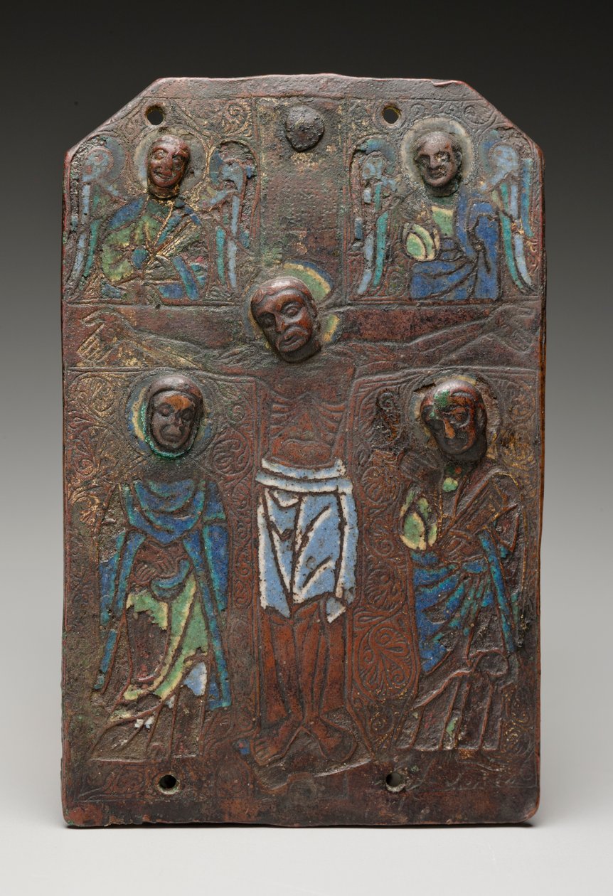 はりつけを描いた聖遺物箱のプラークの断片、11751200（銅の上にエナメル質を彫り、金箔を施したもの） 作： フランス語学校