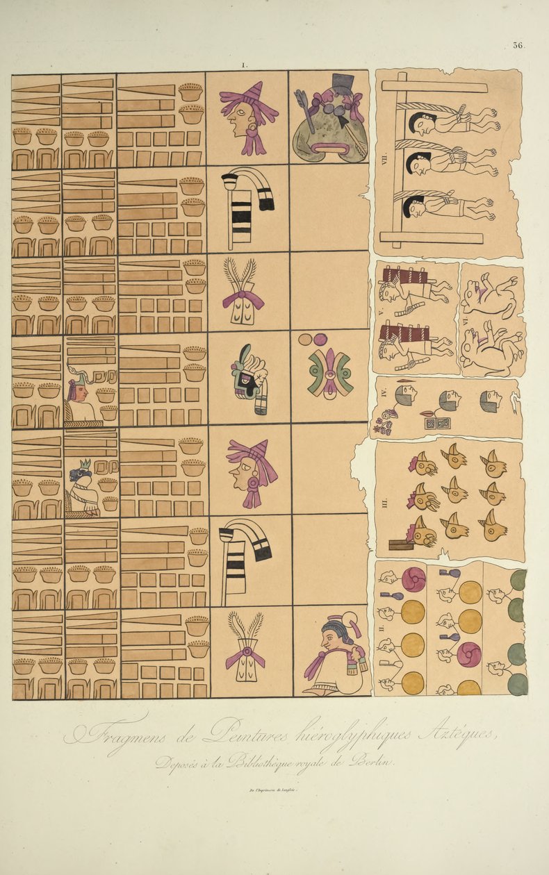 ベルリンの王立図書館にあるアステカの象形文字の断片、コルディジェラの景色とアレクサンドルフォンフンボルトとエイムボンのアメリカ先住民の記念碑のイラスト 作： フランス語学校