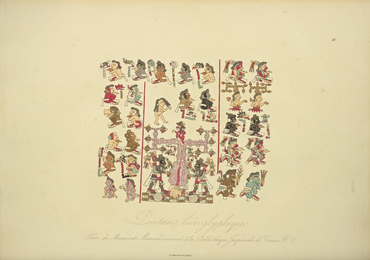 ウィーン帝国図書館に保存されていたメキシコ写本Iの象形文字の絵画、アレクサンドルフォンフーによるコルディジェラの眺めとアメリカ先住民の記念碑のイラスト 作： フランス語学校