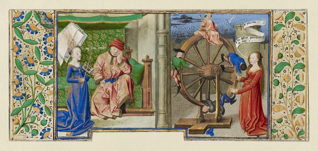 Boethiusからのミニチュア、哲学の慰め、c.1460-70（羊皮紙にテンペラ、金箔、インク） 作： フランス語学校