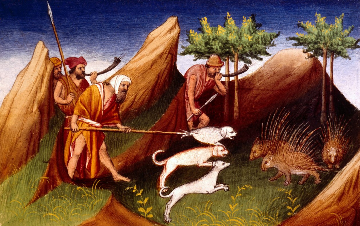 Ms Fr 2810 f.18、Livre des Merveilles du Monde、c.1410-12（ベラムのテンペラ）からのバダケハンでのヤマアラシ狩り 作： フランス語学校