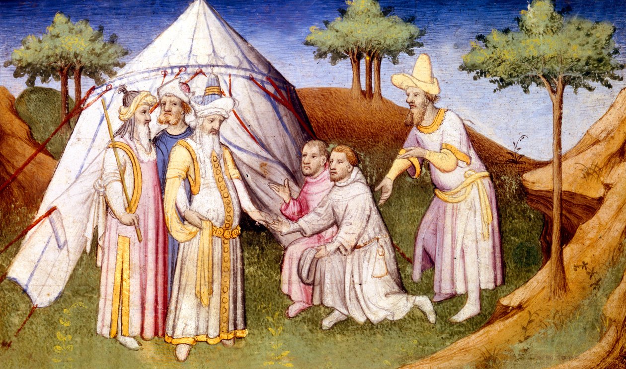 Mr Fr 2810 f.2v、Kublai Khanが兄弟Poloから迎えた、Livre des Merveilles du Monde、c.1410-12（ヴェルムのテンペラ） 作： フランス語学校