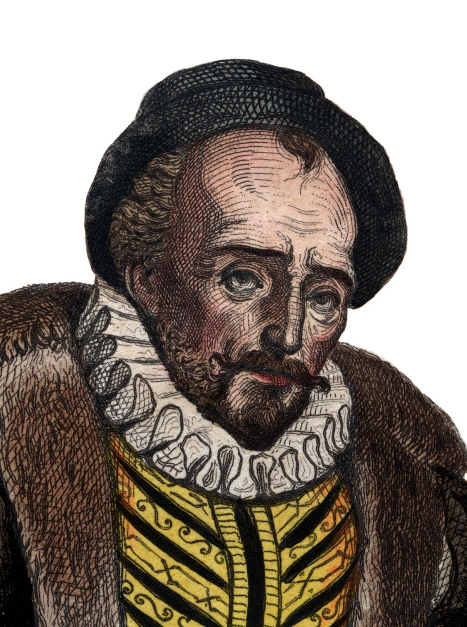 フランスの作家、ミシェル・エイケム・ド・モンテーニュ卿（1533-1592）の肖像。 作： フランス語学校