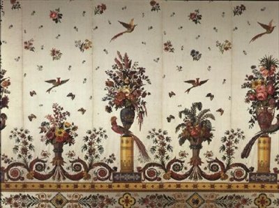Cousin and Bony、Bissardon、Lyon、1811（刺繍されたサテン）による、古典的な花瓶や壺、花や鳥の楽園の織物 作： フランス語学校