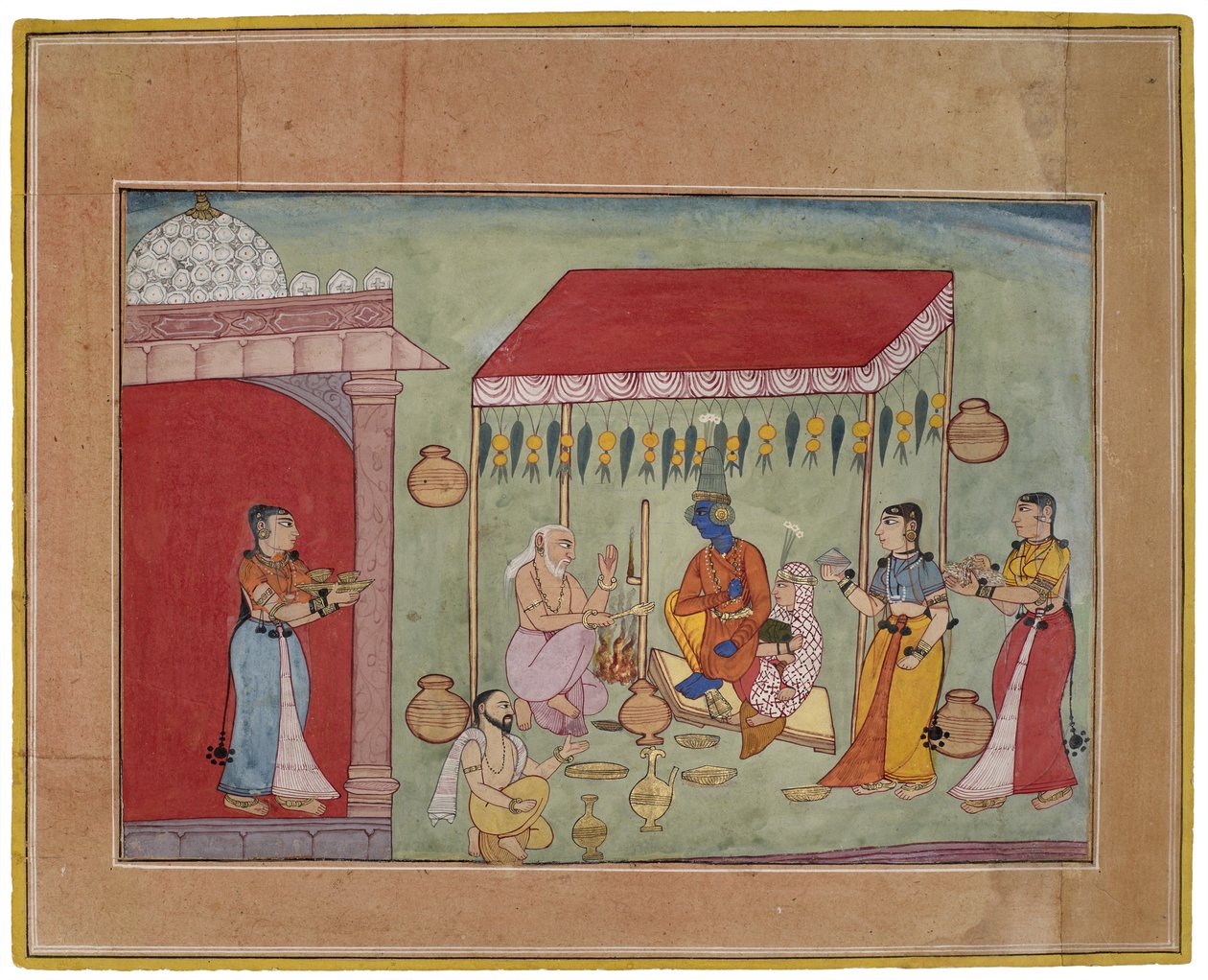 クリシュナとルクミニの結婚、1590〜1600年（紙に金を施したガッシュ） 作： インドの学校