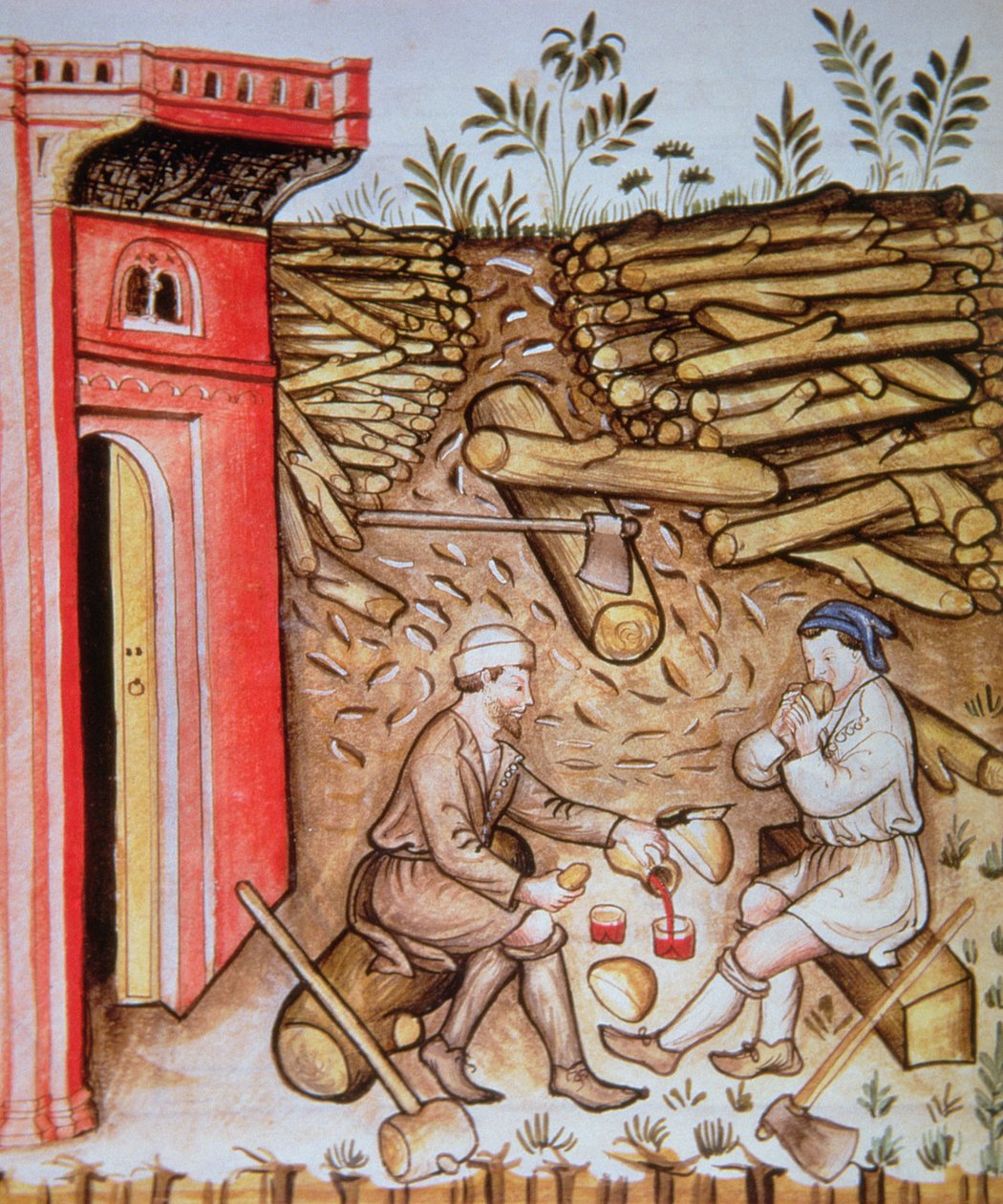 Fol.64rパンを食べ、ワインを飲む、Tacuinum Santiatis Codex Vindobonensisのイラスト 作： イタリア語学校