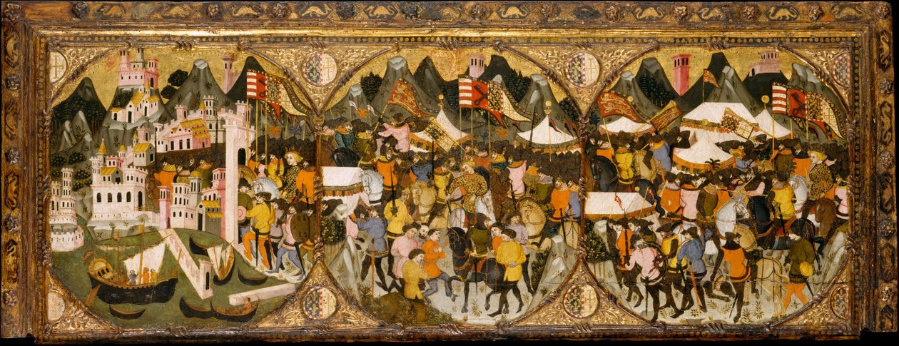 ナポリの征服、1381年から82年（木材のテンペラ、型押し、金箔の装飾） 作： イタリア語学校