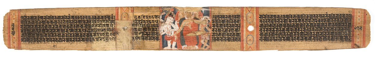 Folio 126b Buddhas Descent of the Heaven、from the Astasahasrika Prajnaparamita（ヤシの葉と木のインクと色）（詳細は430763を参照） 作： ネパール語学校