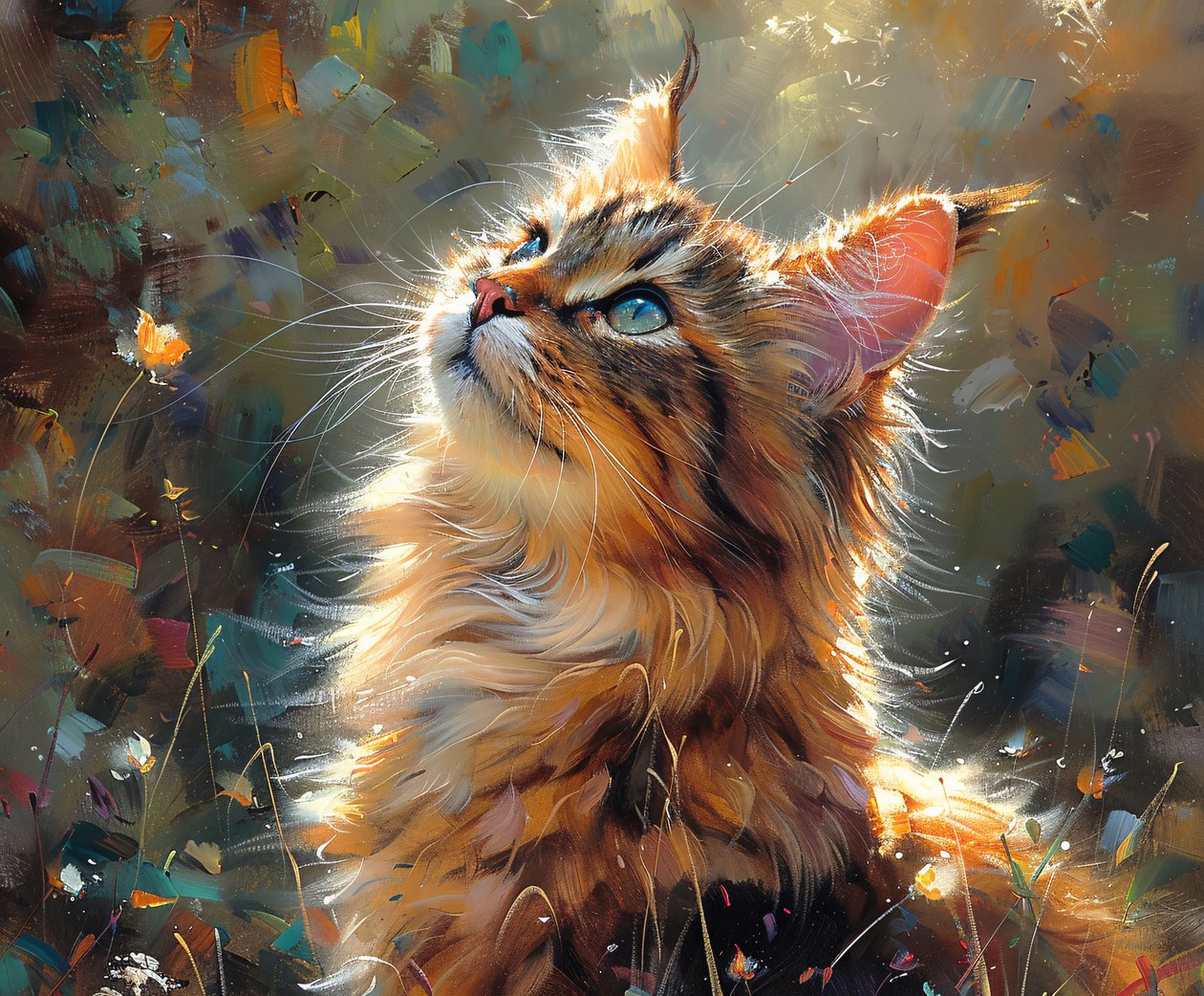 見上げるもふもふの猫、かわいいペット 現実的な絵画、額装された壁の装飾 作： ファフタリ・アブデラヒム