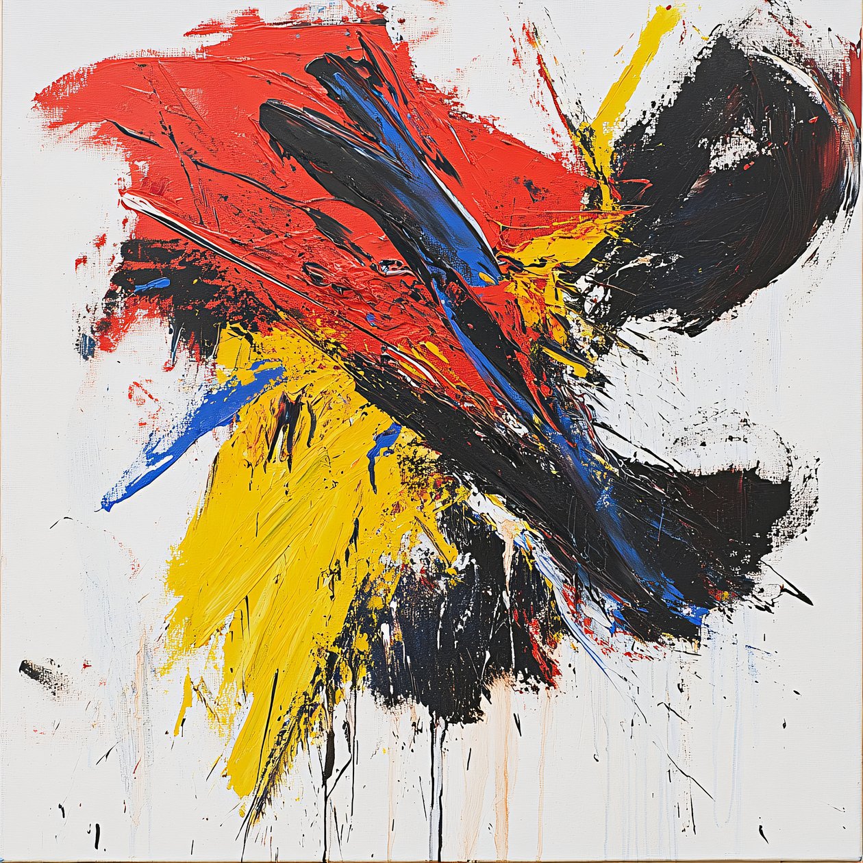 抽象的なカラフルなブラシストローク、赤青黄色と黒絵画; キャンバスプリント 作： ファフタリ・アブデラヒム