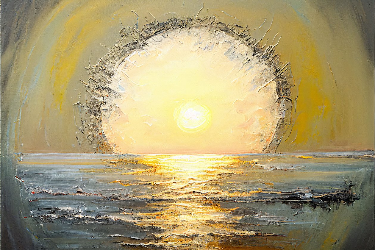 海の水平線上の巨大な太陽の抽象画、大きなキャンバスプリント 作： ファフタリ・アブデラヒム