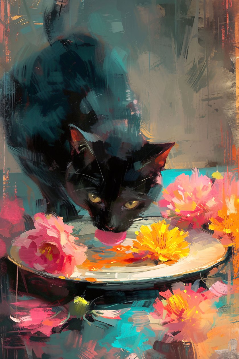 花の皿の上で食事する黒猫, 印象派の絵画, オンライン・アートプリント 作： ファフタリ・アブデラヒム