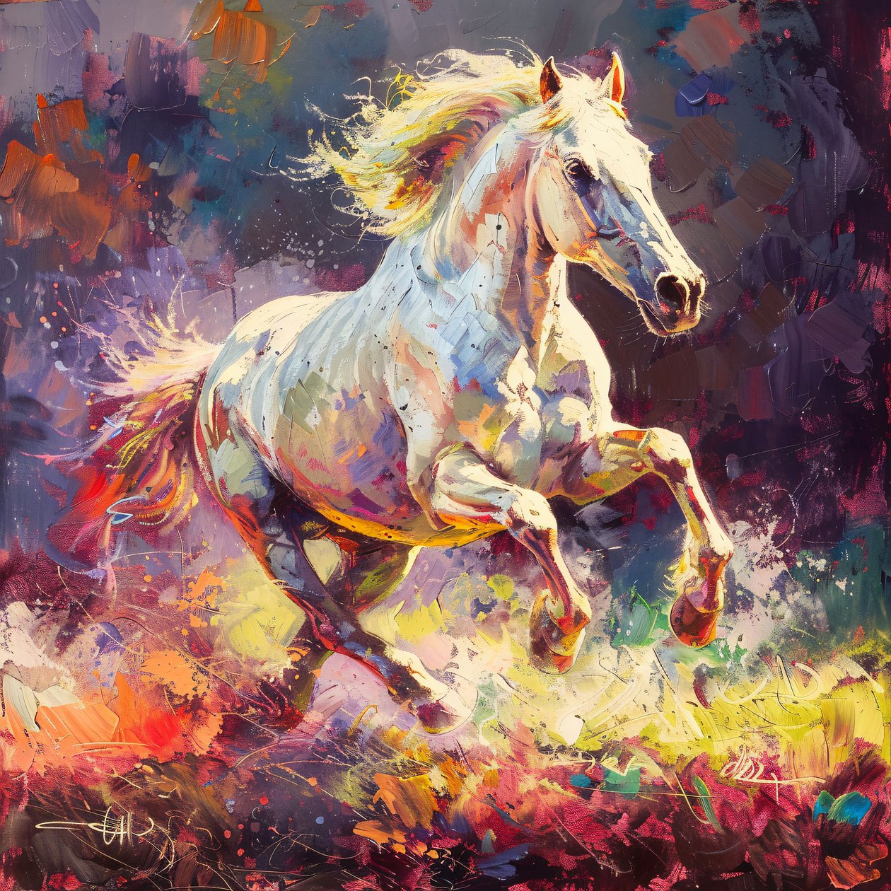 疾走する白い牡馬の鮮やかなレンダリング、オンデマンドで壁掛けアートプリント 作： ファフタリ・アブデラヒム