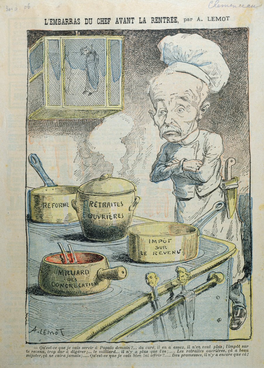 「L&39;Embarras du Chef Avant la Rentree」、ジョルジュクレマンソー（1841-1929）を批評した風刺画、1906 作： レモット