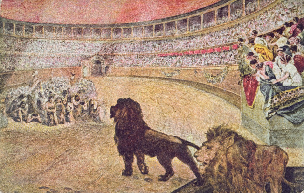 1910年頃、ローマのアリーナにいるキリスト教の殉教者を描いたポストカード 作： A.デルセンノ