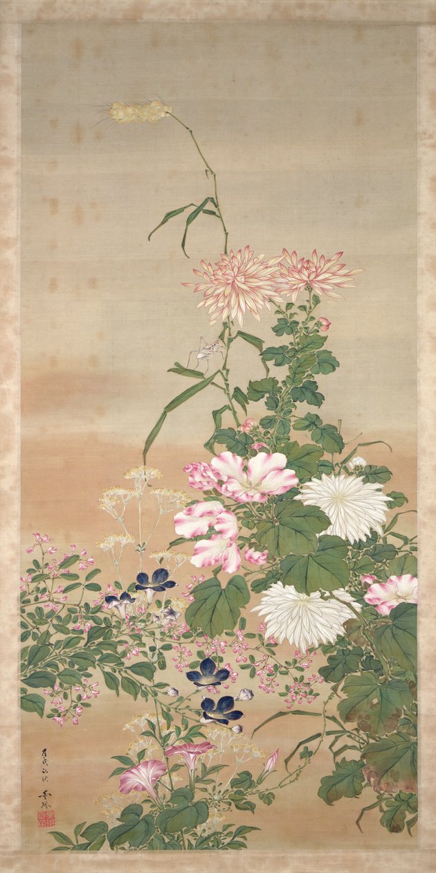 1826年秋の花（インク、色、絹の金） 作： 阿部Kan鳥rin