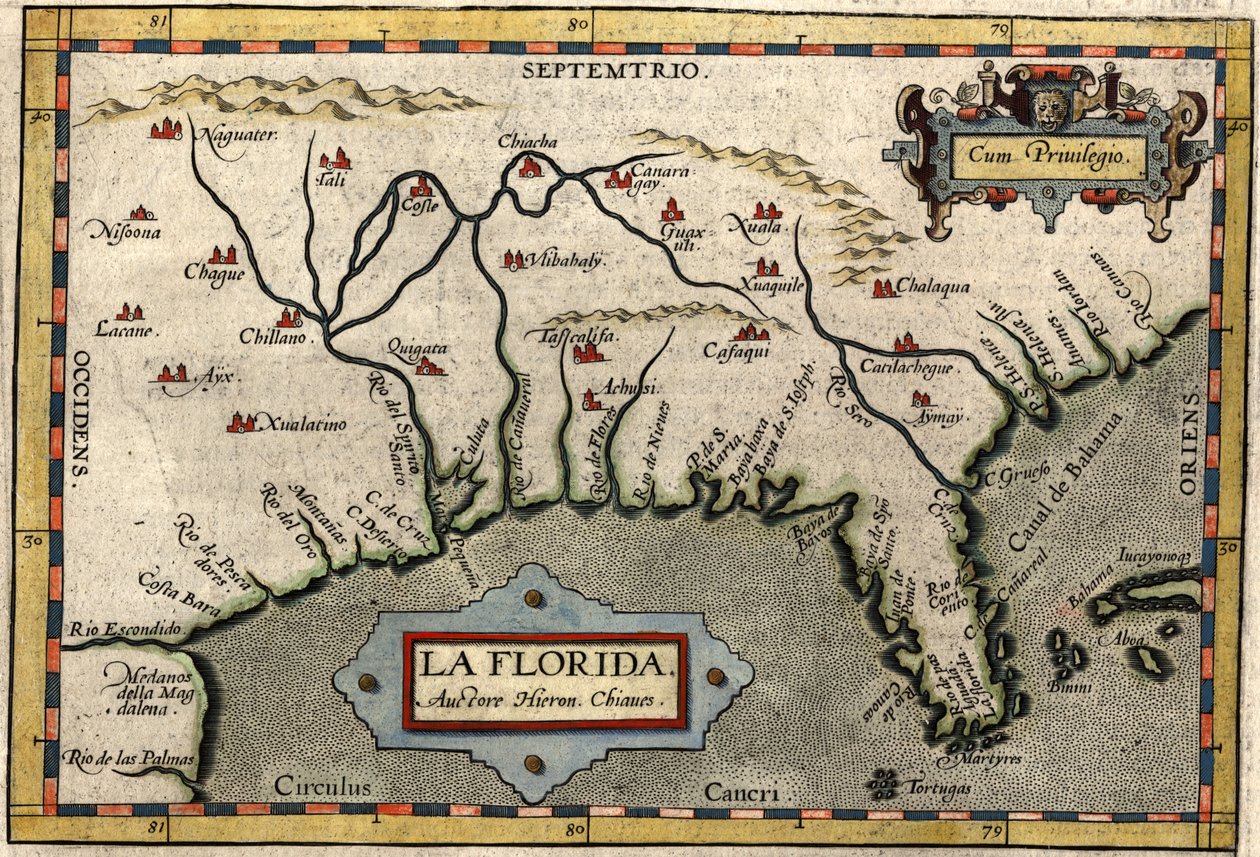 フロリダの地図、c.1584（手塗りの彫刻） 作： アブラハム・オルテリウス