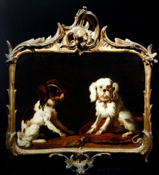 2匹のペットの犬（油彩・キャンバス） 作： アブラハム・ダニエルズ。ホンディウス