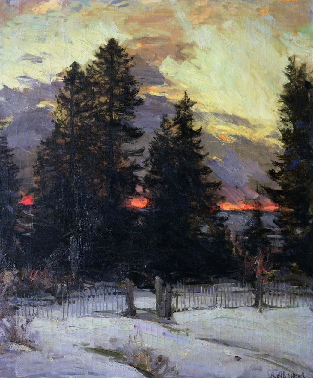 冬の風景に沈む夕日、1902年頃 作： アブラム・エフィモヴィッチ・アルヒポフ