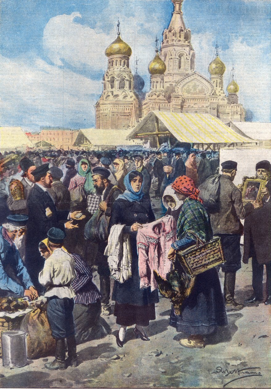 ロシア革命後の通貨崩壊後のロシアでの物々交換、「ラドメニカデルコリエール」のイラスト、1919年6月1日 作： アキレ・ベルトラーメ