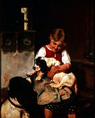 子犬を持つ若い女の子 作： アドルフ・エーベルレ
