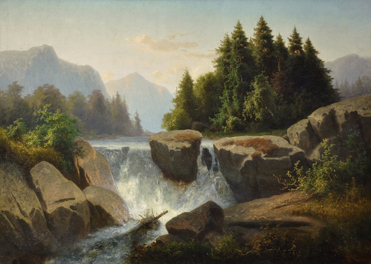 滝のある山の風景、c。 1853 作： アドルフ・コサリーク