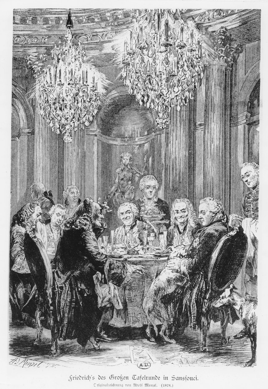 1878年にドイツ、ポツダムのサンスーシ城でフレデリック2世王の隣に座ったヴォルテール 作： アドルフ・メンゼル