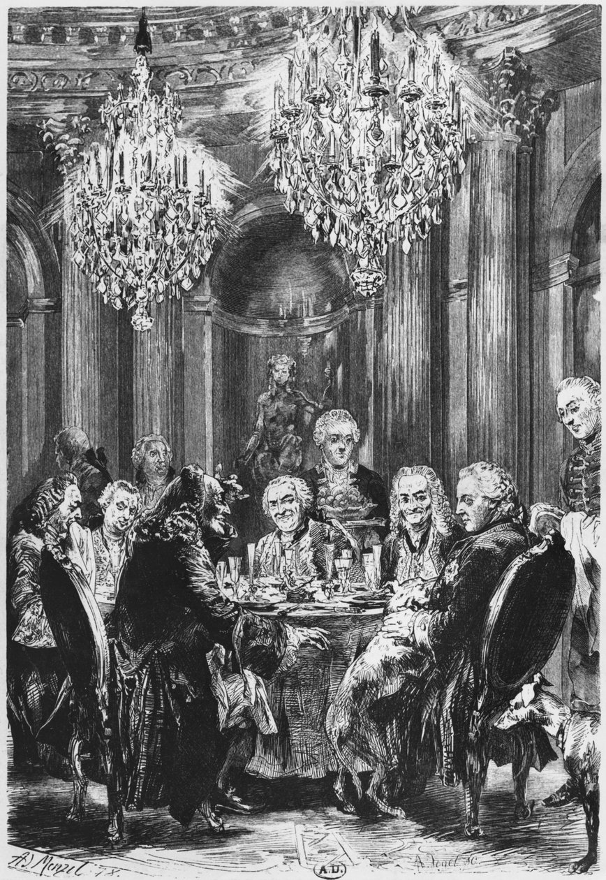 1878年にポツダム近くのサンスーシでプロイセンのフレデリック2世（1712-86）とヴォルテール 作： アドルフ・メンゼル