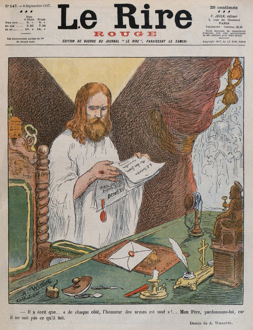 1917年9月8日、教皇ベネディクト15世によって発行された平和計画、「ルリールルージュ」の表紙イラストを読むイエスキリスト 作： アドルフ・レオン・ウィレット
