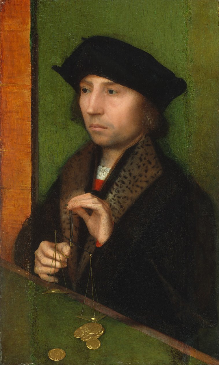 金をはかる男、カリフォルニア州。 1515-20。 作： Adriaen Isenbrandt