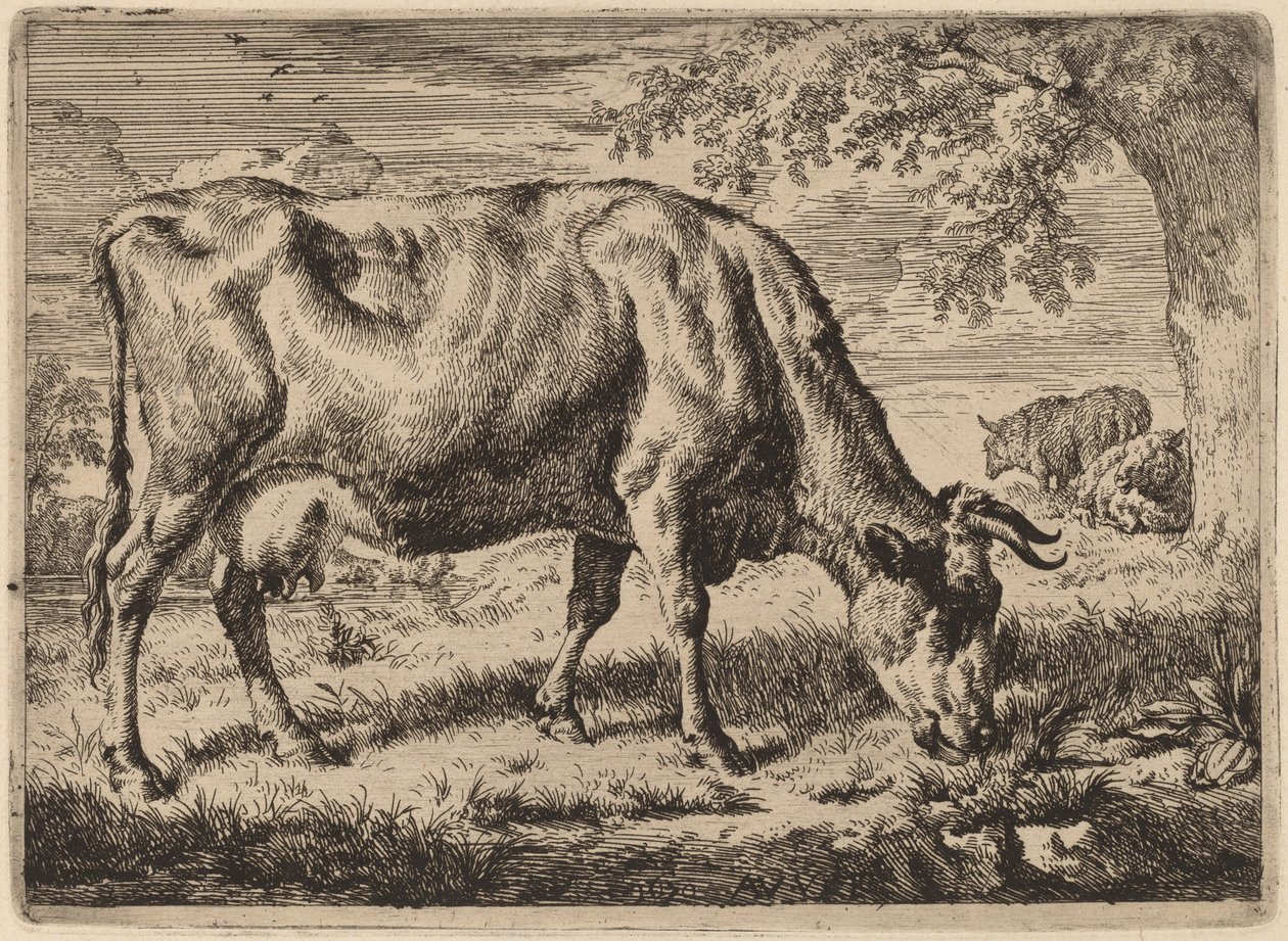 2 頭の羊と牛の放牧 作： Adriaen van de Velde