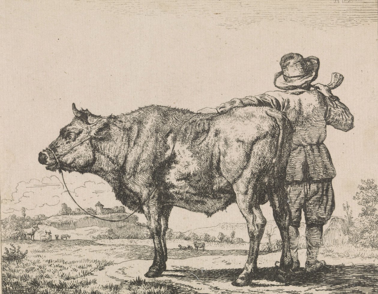 雄牛と立っている人 作： Adriaen van de Velde