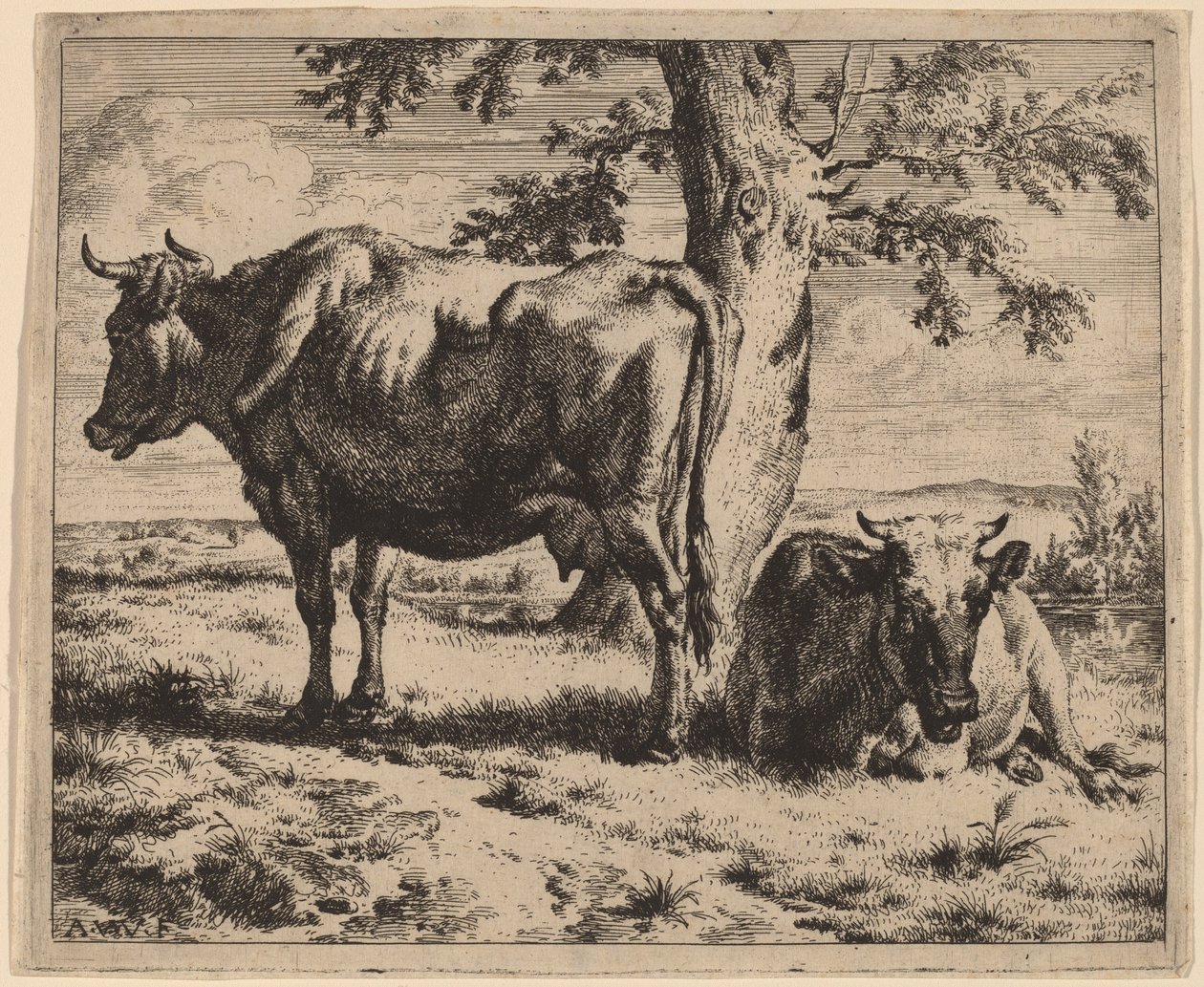 木の下で 2 頭の牛 作： Adriaen van de Velde