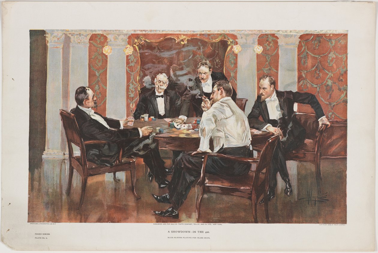 A Showdown-In the 400. Blue-Bloods Playing for Blue Chips、plate 6 from the poker series、pub。真実会社、ニューヨーク、1895 作： アルバートベックウェンゼル