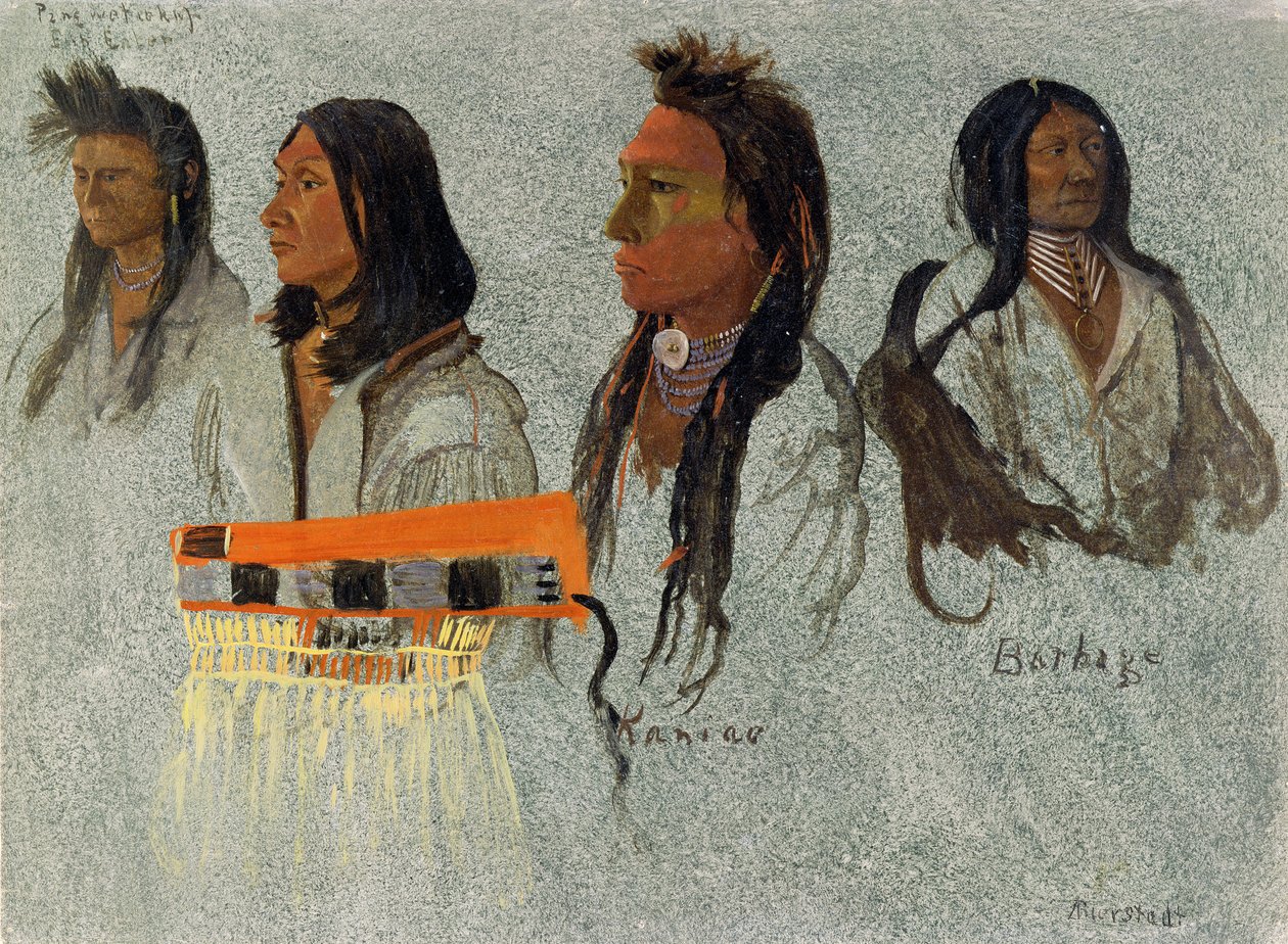 4人のインディアン（灰色の紙に油彩） 作： アルバートビアシュタット
