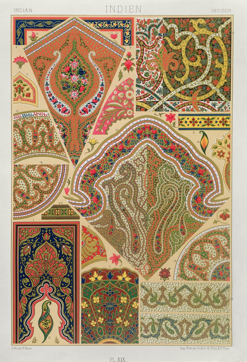 F.デュリンによって彫刻された「Polychrome Ornament」からのインディアンデコレーション、プレートXIX、パリ発行1869 作： アルバートチャールズアウグストラシネ