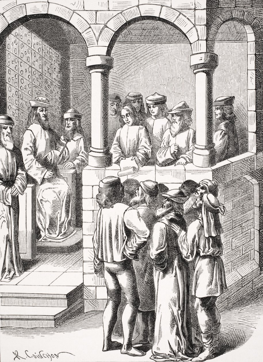 15世紀の写本 『Ancienettes des Juifs』のミニチュアの後、ポールラクロワ（1806-84）が出版した「ルモヤンエージエラルネサンス」から1847年に出版された勅令の公布 作： アルバート・コインチョン
