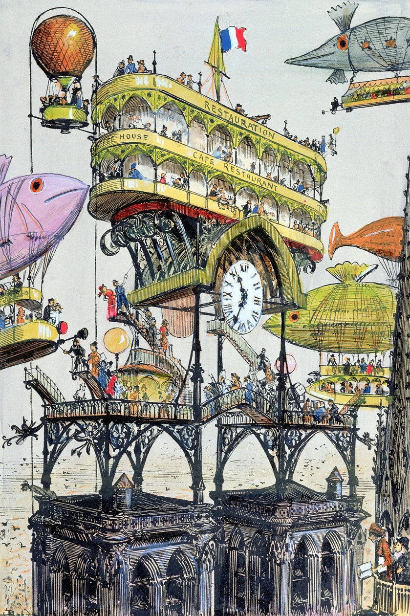 ノートルダム（パリ）の中央航空機ステーション、「Le XXeme siecle、La Vie Electrique」のイラスト、c。 1890（カラー彫刻） 作： アルバート・ロビダ