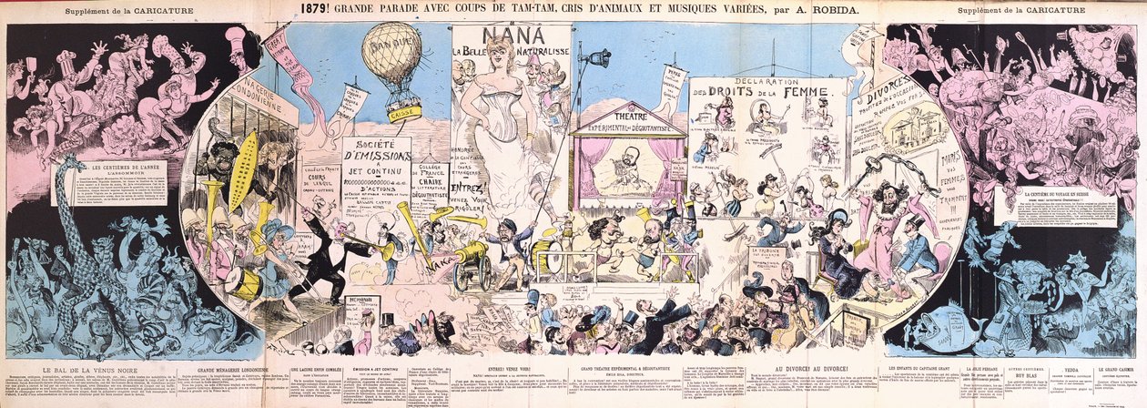 「グランデパレード」、「ラカリカチュア」からの折りたたみ漫画、1880 作： アルバート・ロビダ