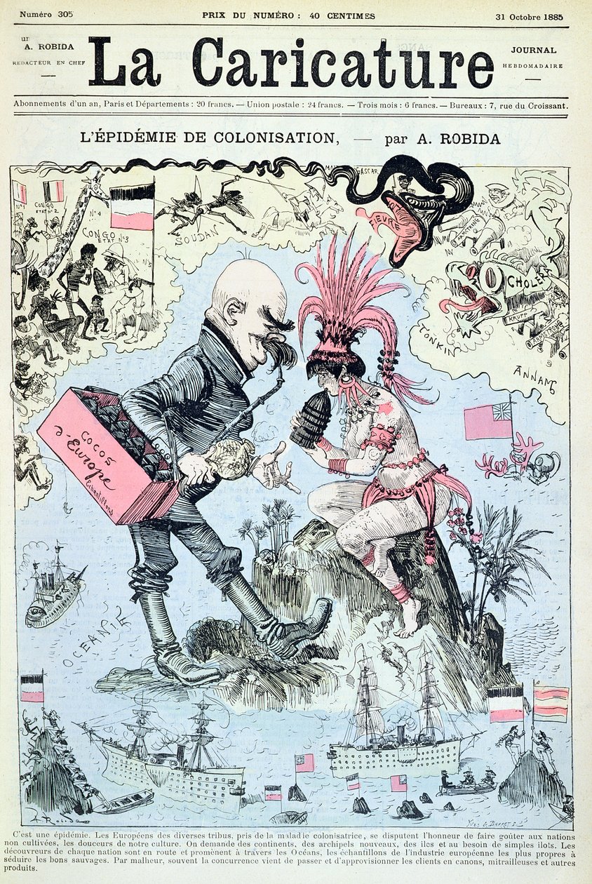 1885年10月31日、イヴウントバレットによって彫刻された「ラカリカチュア」からの植民地伝染病 作： アルバート・ロビダ
